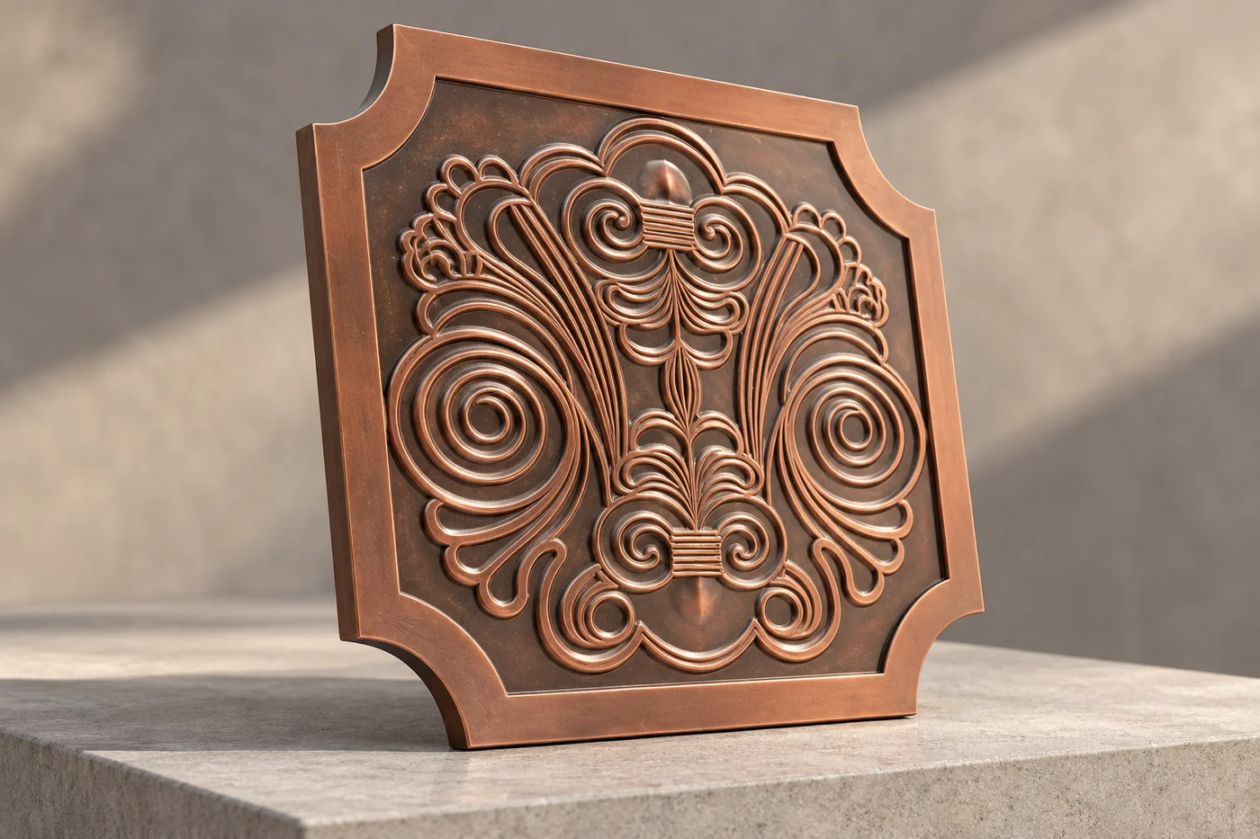 Oblique view of the bronze relief plaque edge and depth
