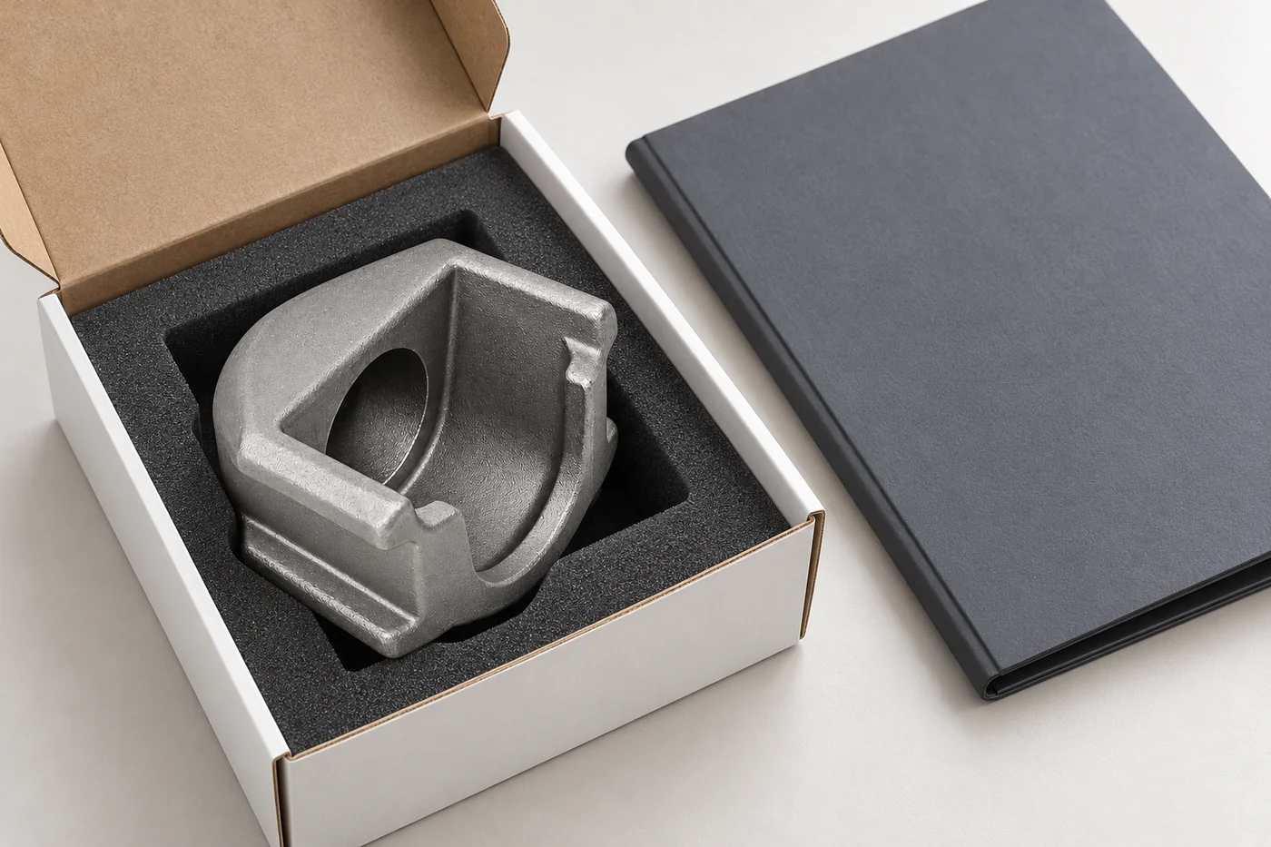 Open metal housing in a plain protective sample box beside a closed folder