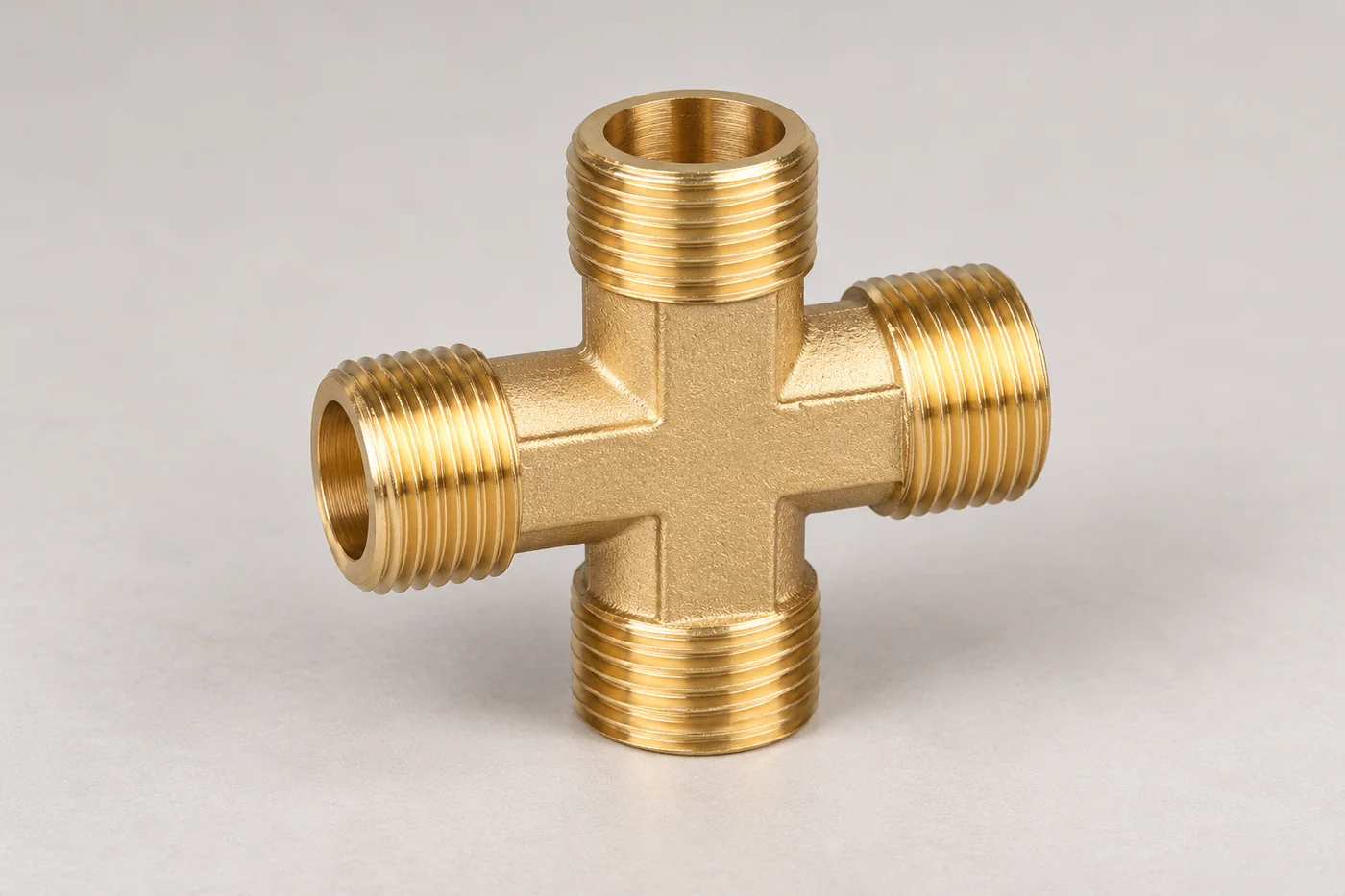 Four-way brass cross fitting with threaded branches