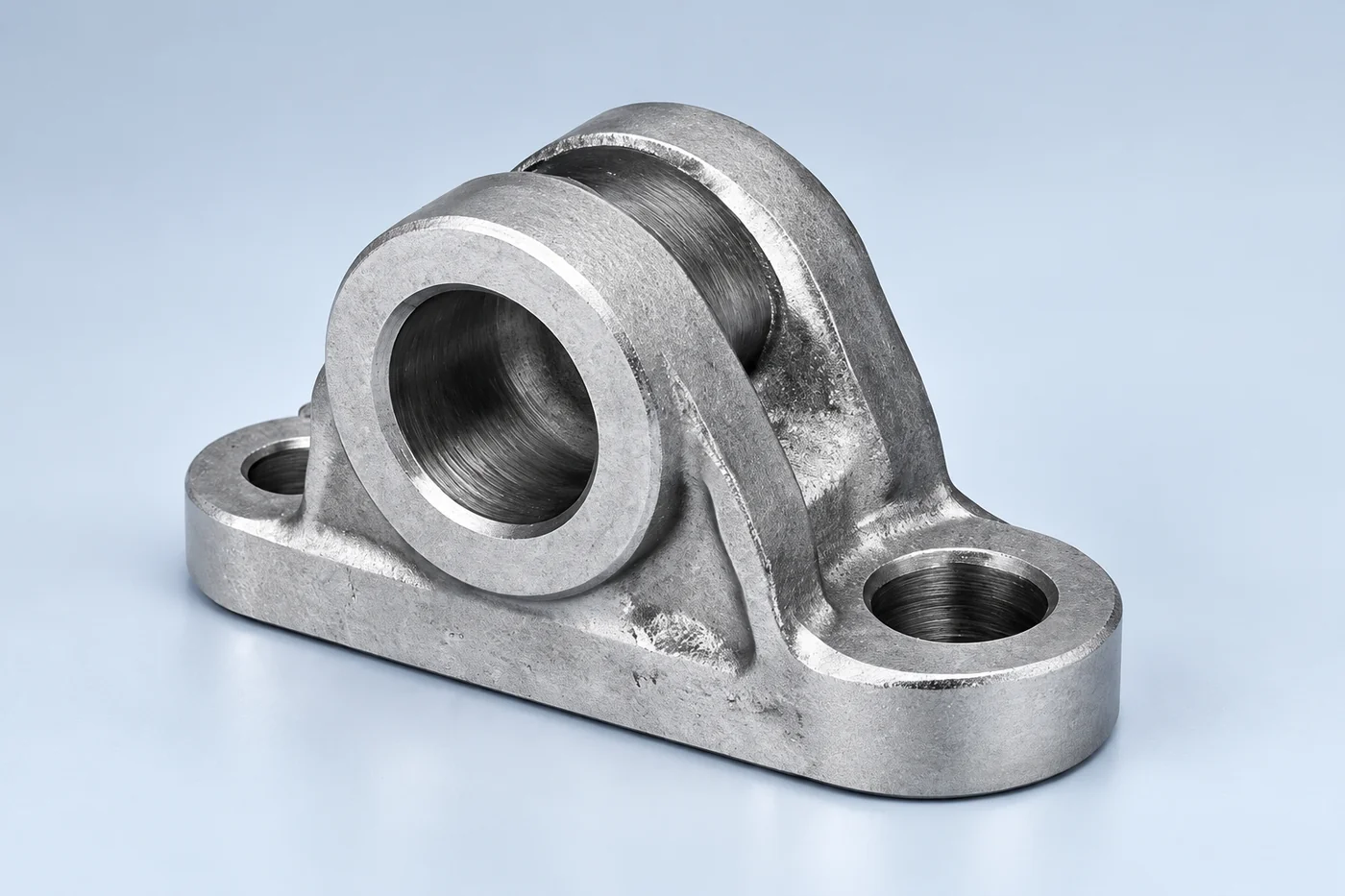 Cast steel connector-support reference with a central bore and mounting holes