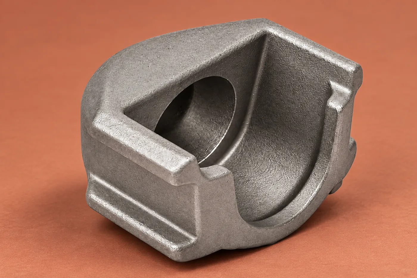 Side view of an open metal housing showing its wall and mounting contours