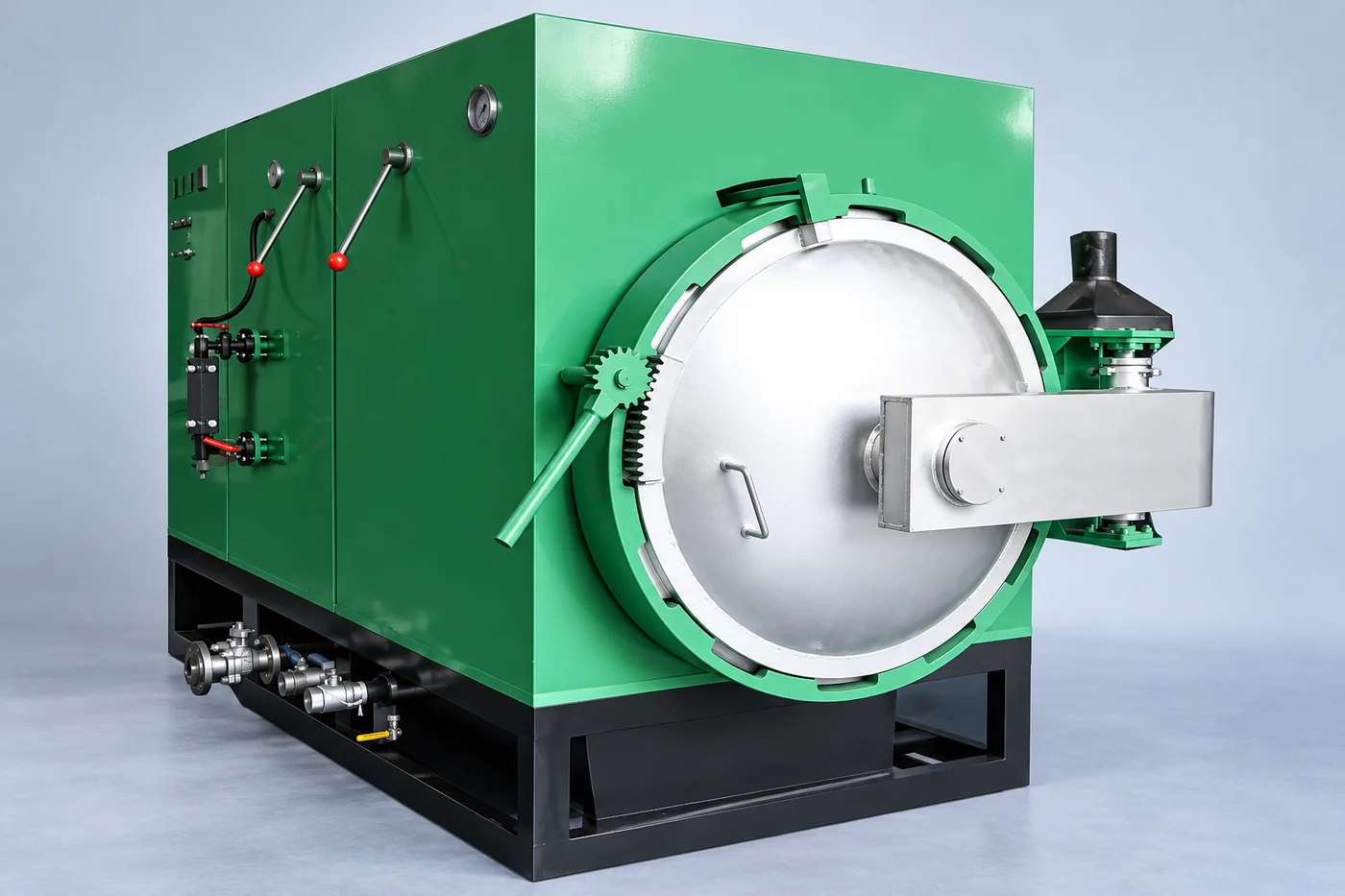Green foundry pressure-vessel equipment reference with clamps and support frame