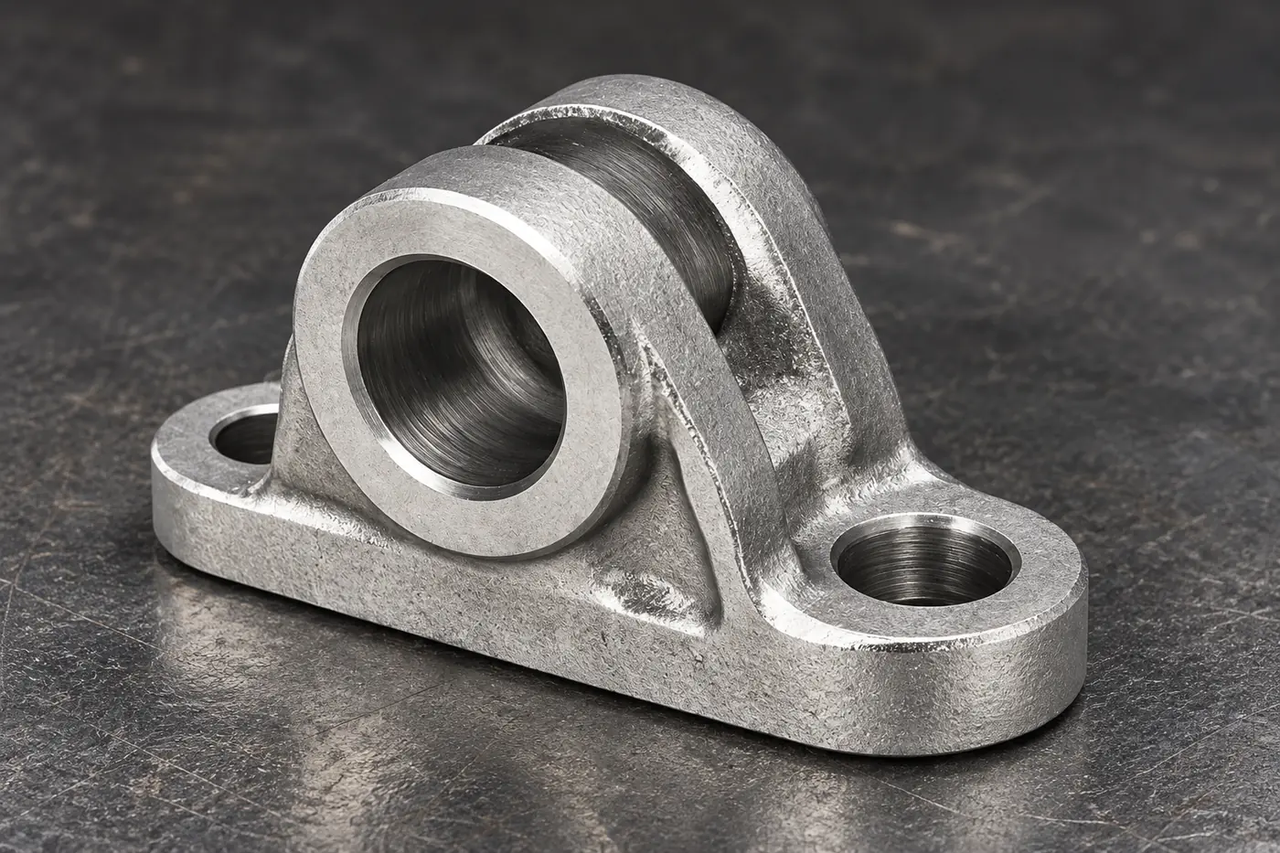 Cast bearing-support body with a circular bore and two base mounting holes