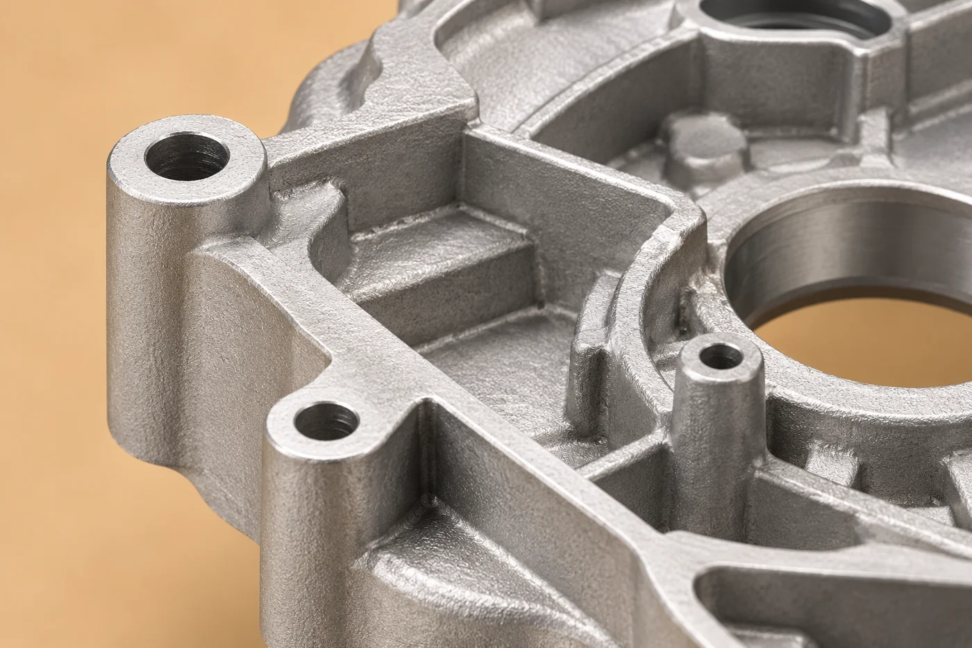 Aluminum housing mounting boss and adjacent cast ribs in close view