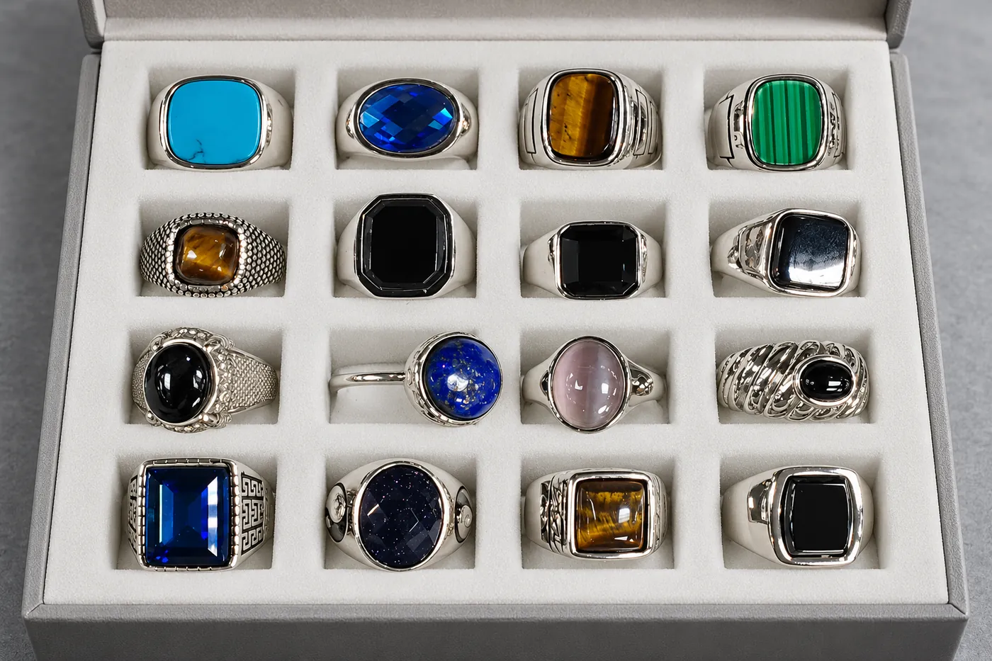 Signet ring samples separated in an unbranded protective sample box