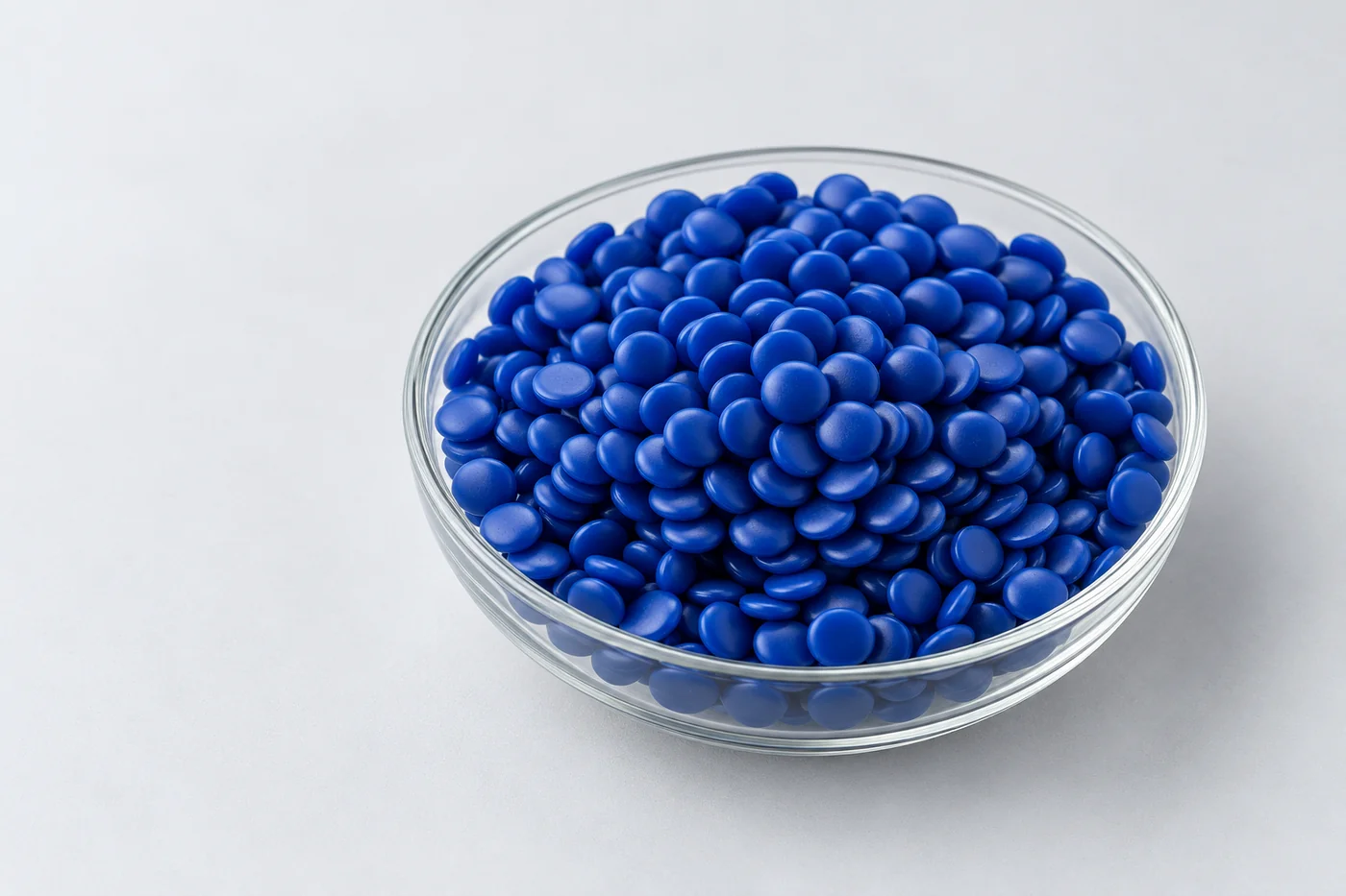 Blue jewelry injection-wax pellets in an unmarked shallow dish