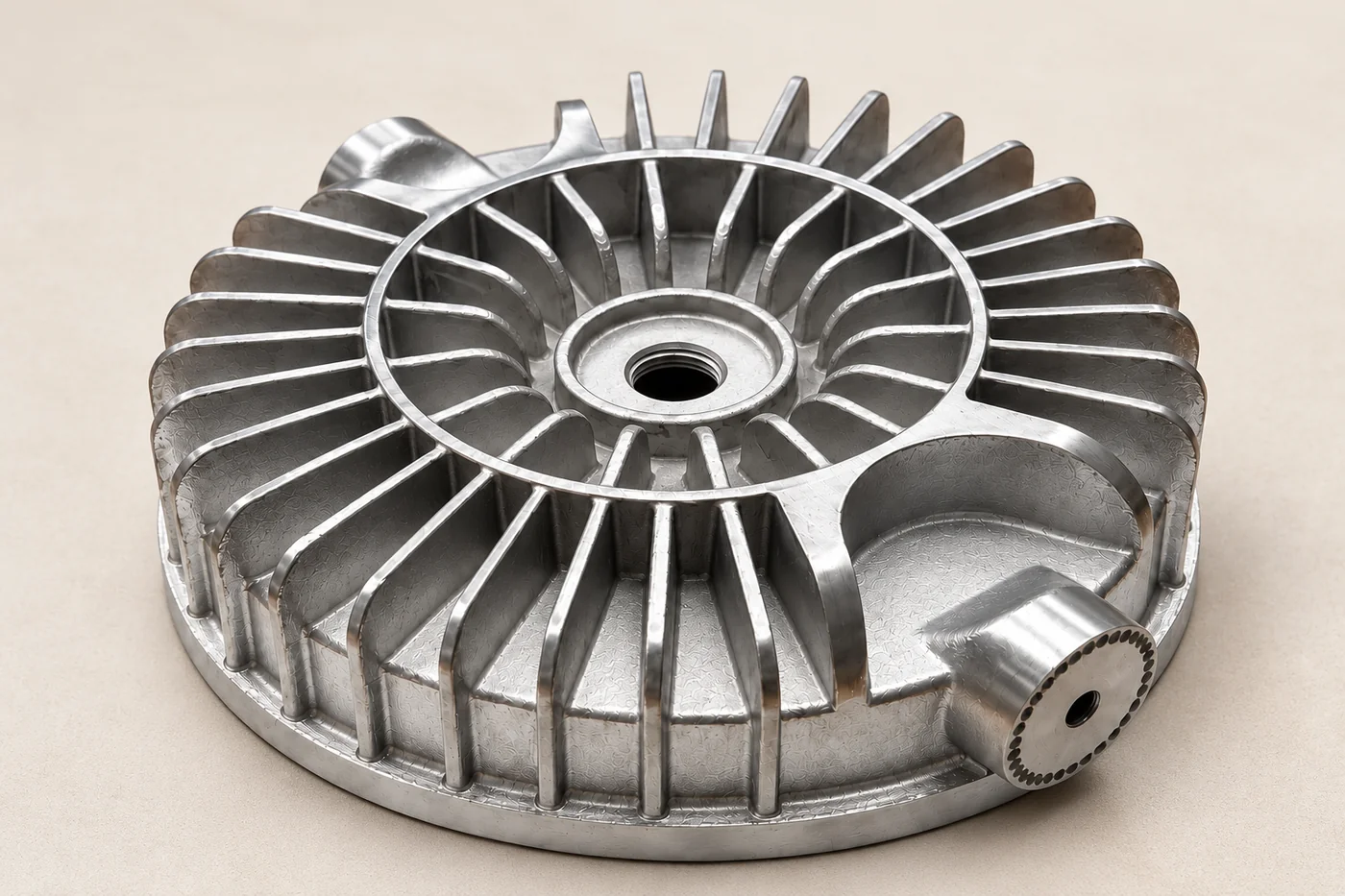 Low side view of a circular metal housing reference with radial fins and a side connection