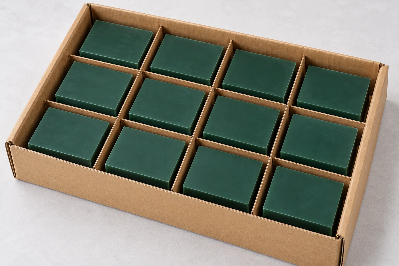 Green casting-wax blocks protected by plain carton dividers
