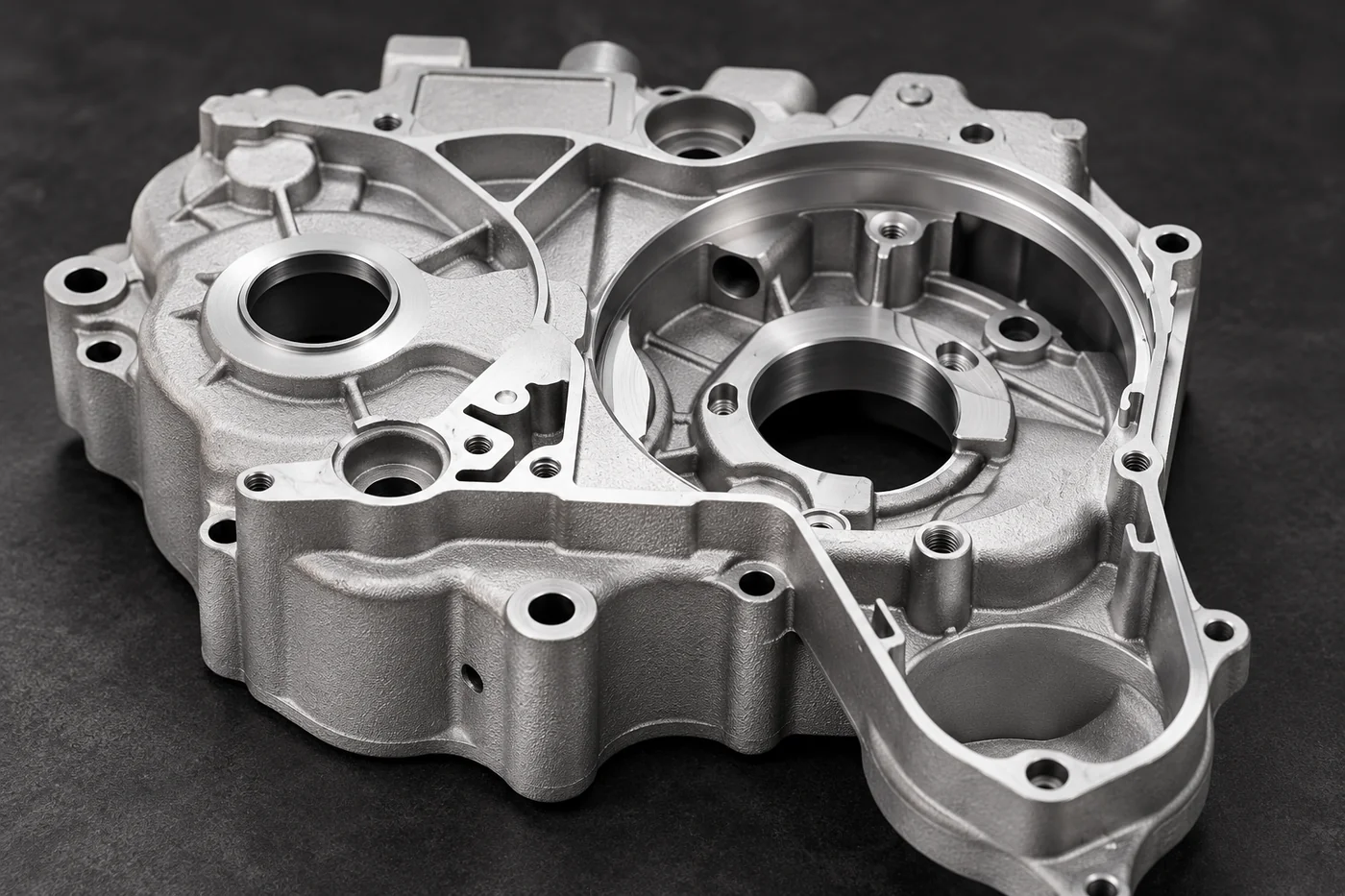Machined circular openings and cast ribs in an aluminum housing