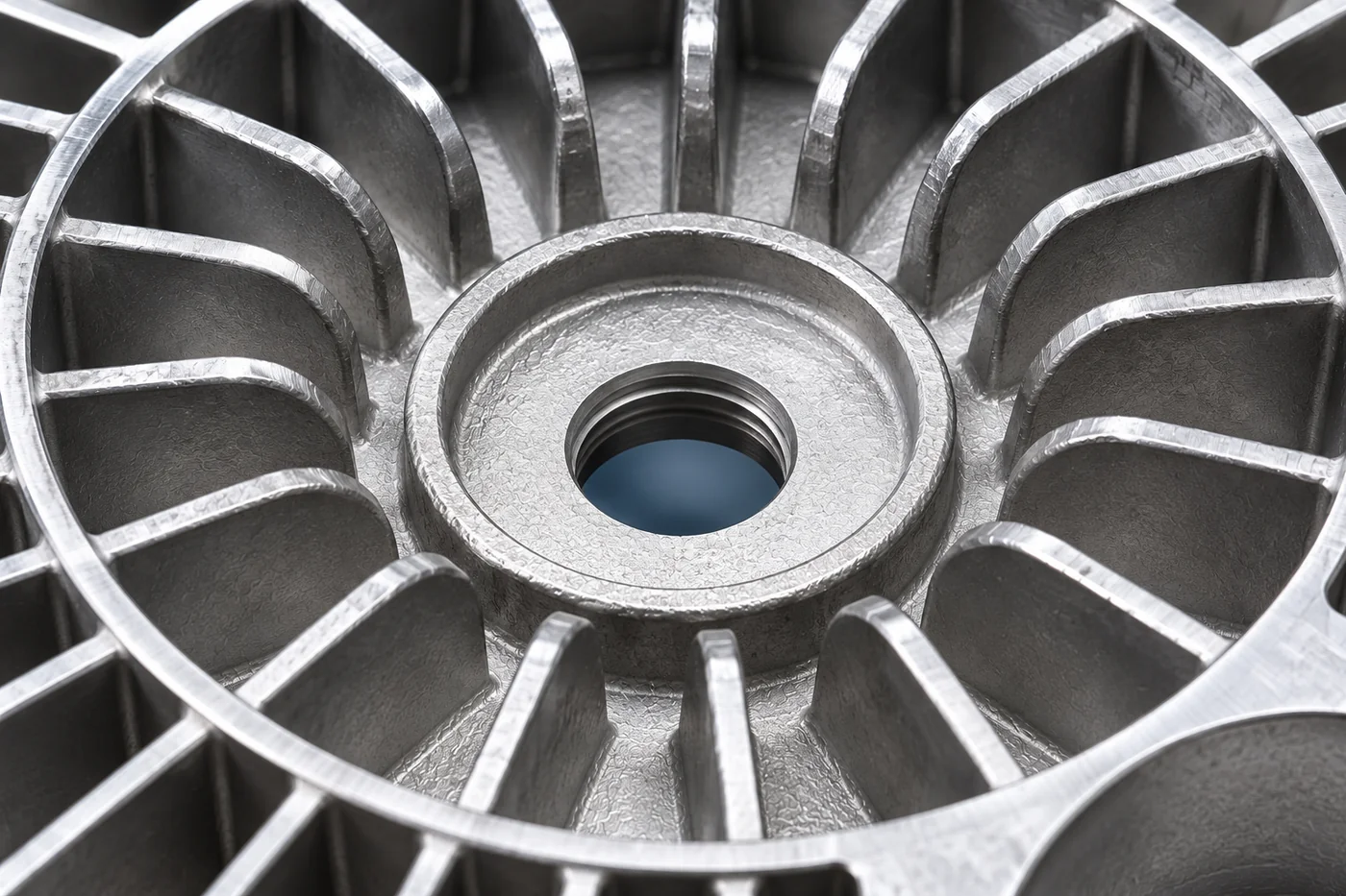 Close detail of a circular opening and radial ribs in a mounting-base reference