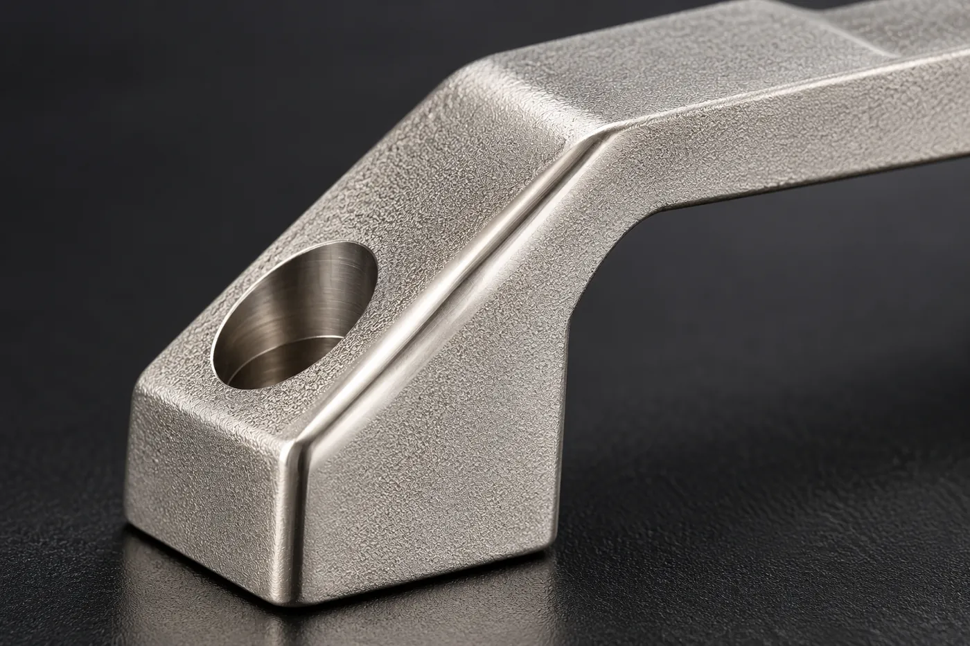 Close detail of a polished stainless handle transition and mounting end