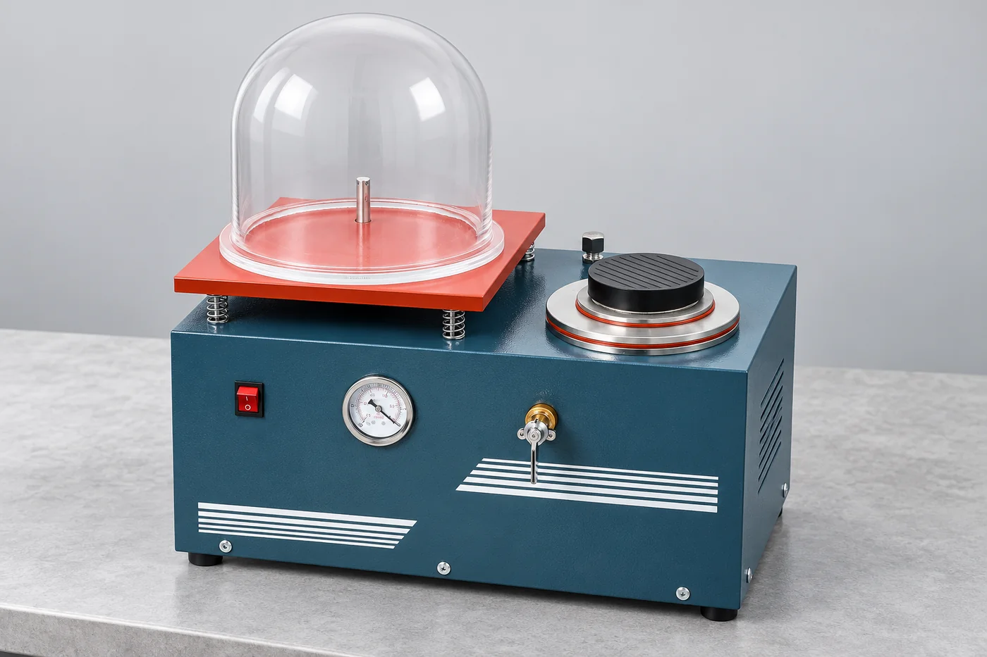 Blue vacuum-support unit with a clear bell jar, gauge and working plate