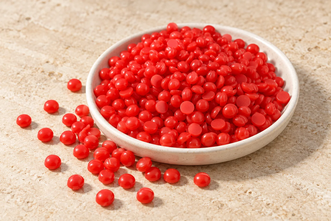 Red casting-wax pellets in a shallow unmarked tray on warm stone