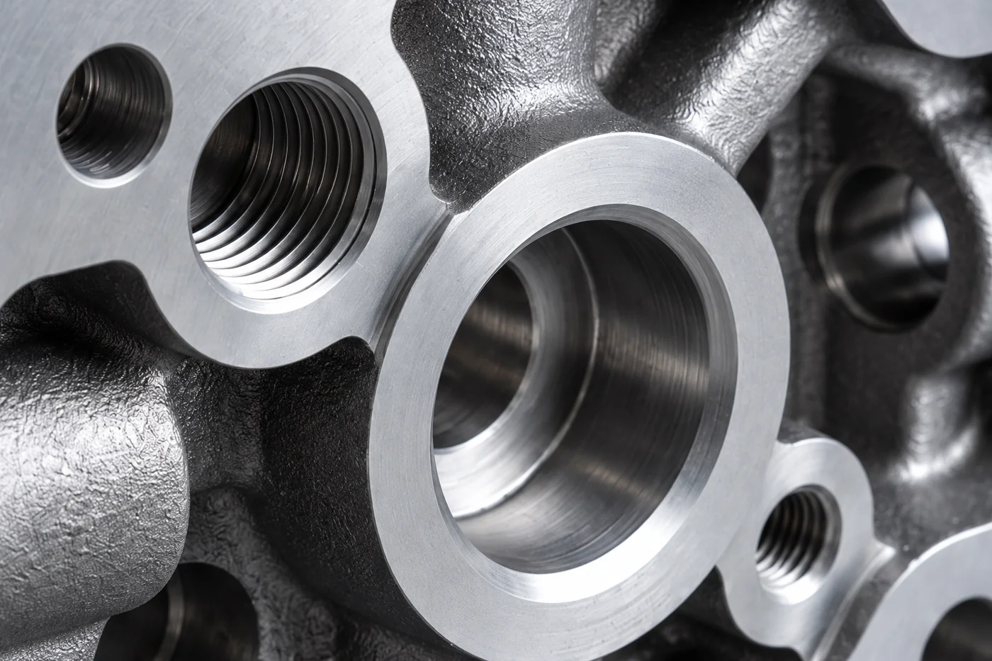 Close detail of a machined bore and adjacent port in a cast metal reference