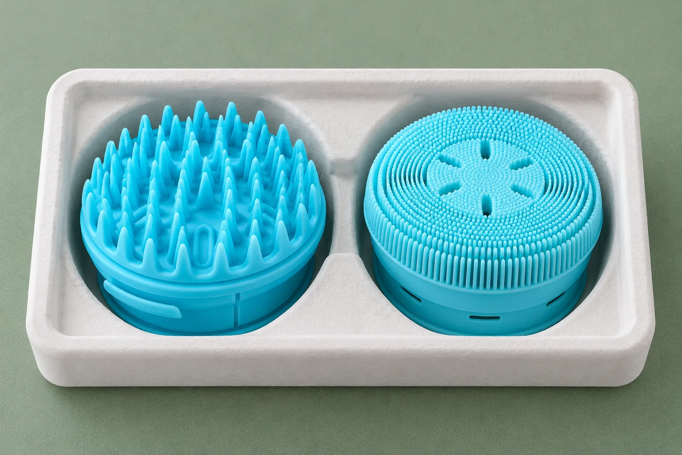 Blue prototype forms protected separately in a plain tray