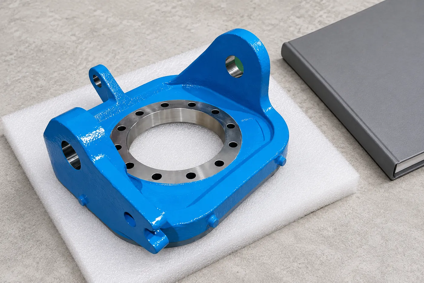 Blue mounting frame protected beside a blank closed folder