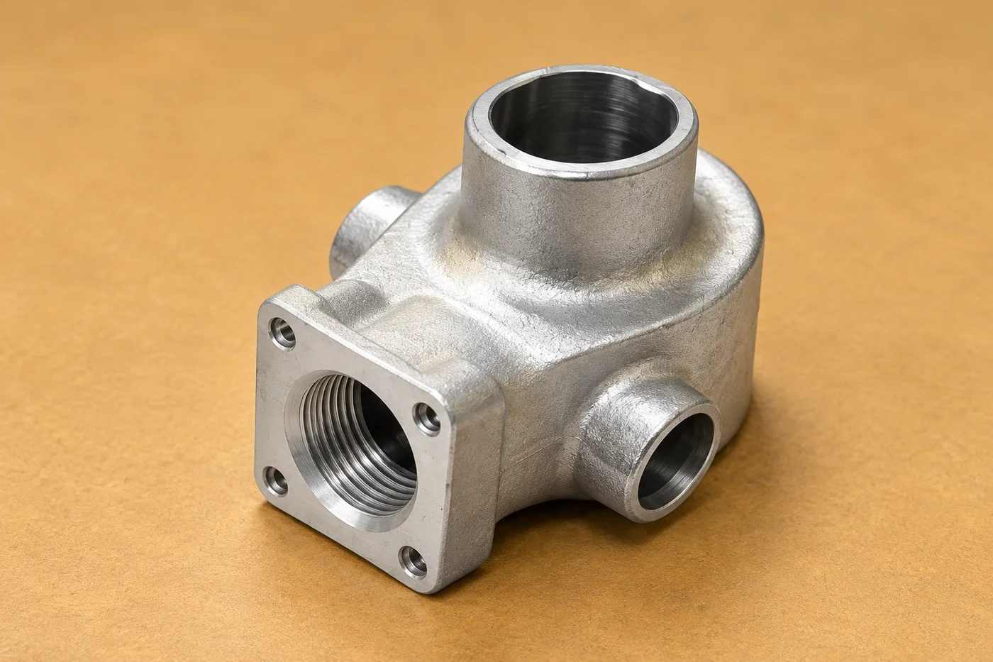 Stainless cast body with visible side ports and a machined circular opening