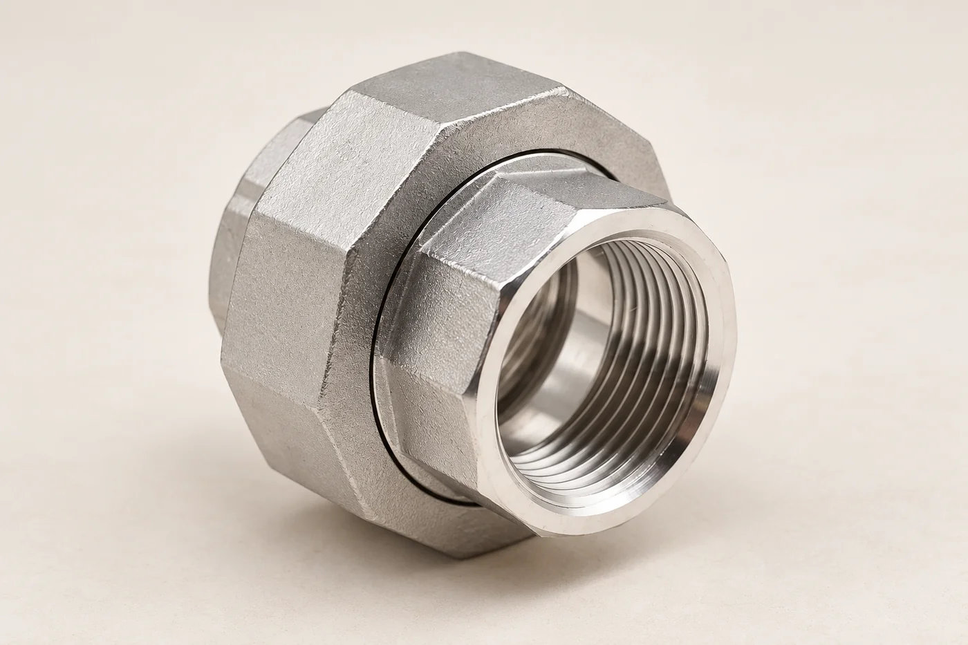 Top-oblique view of a stainless union fitting and its female threaded opening
