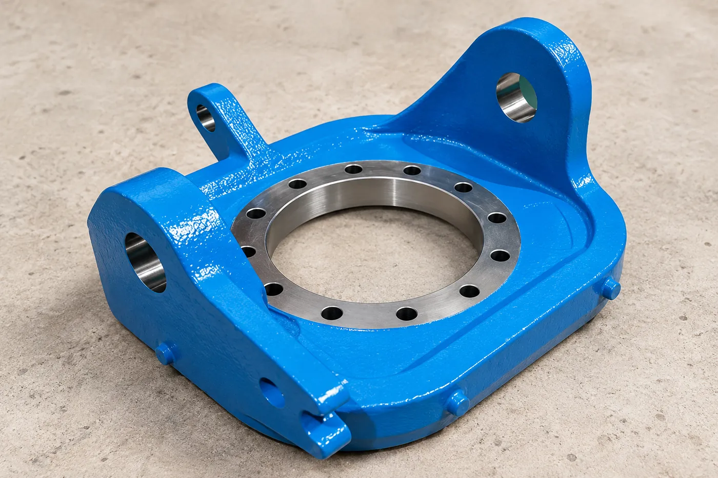 Blue cast mounting frame with a circular opening and attachment lugs