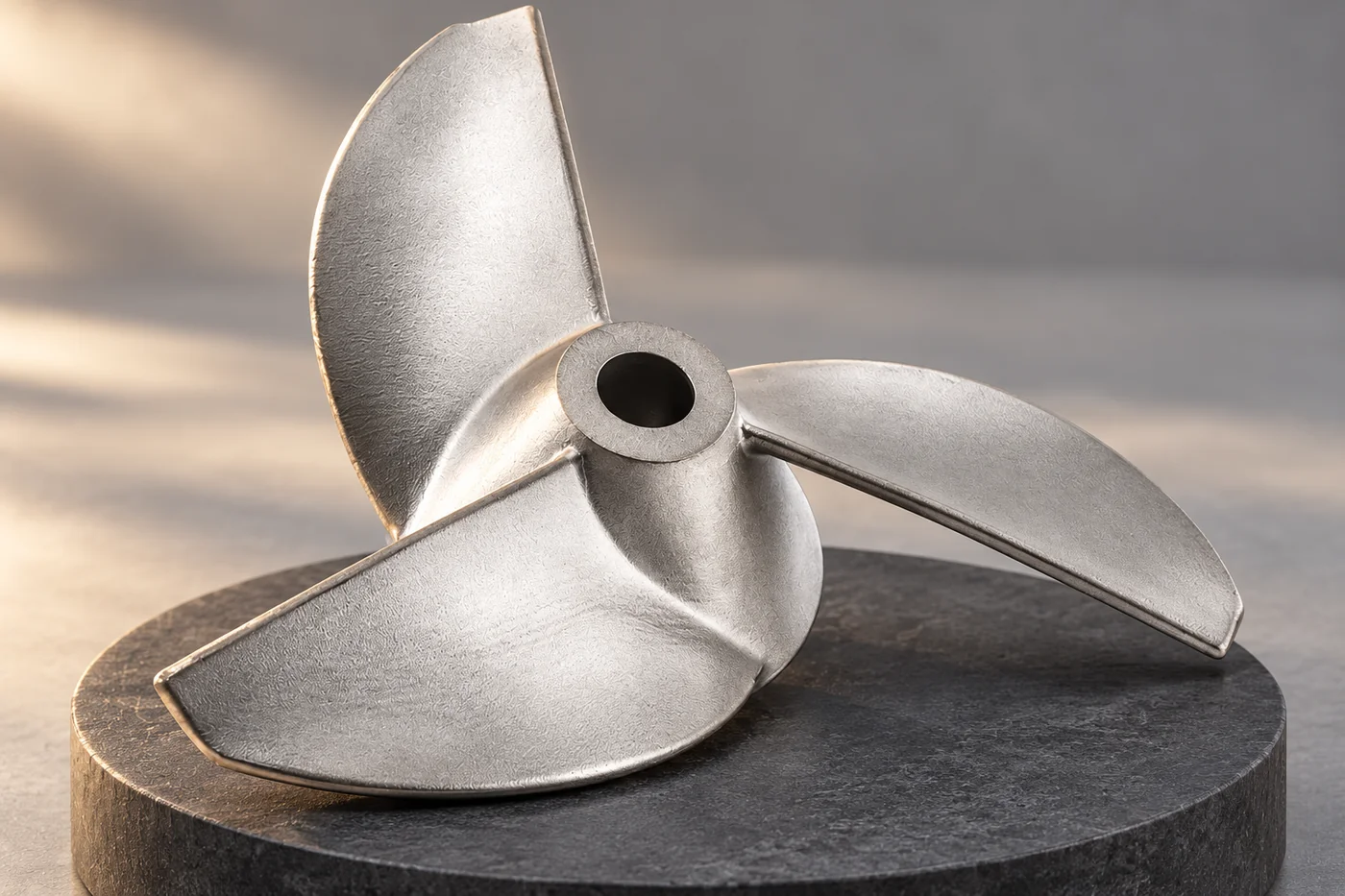 Three-blade stainless impeller showing its centre bore and blade curvature