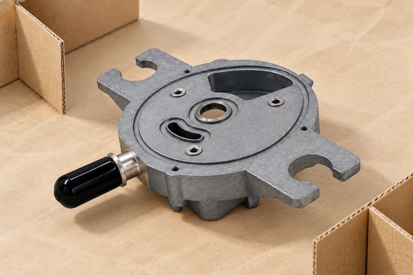 Round cast component positioned with plain protective packing dividers