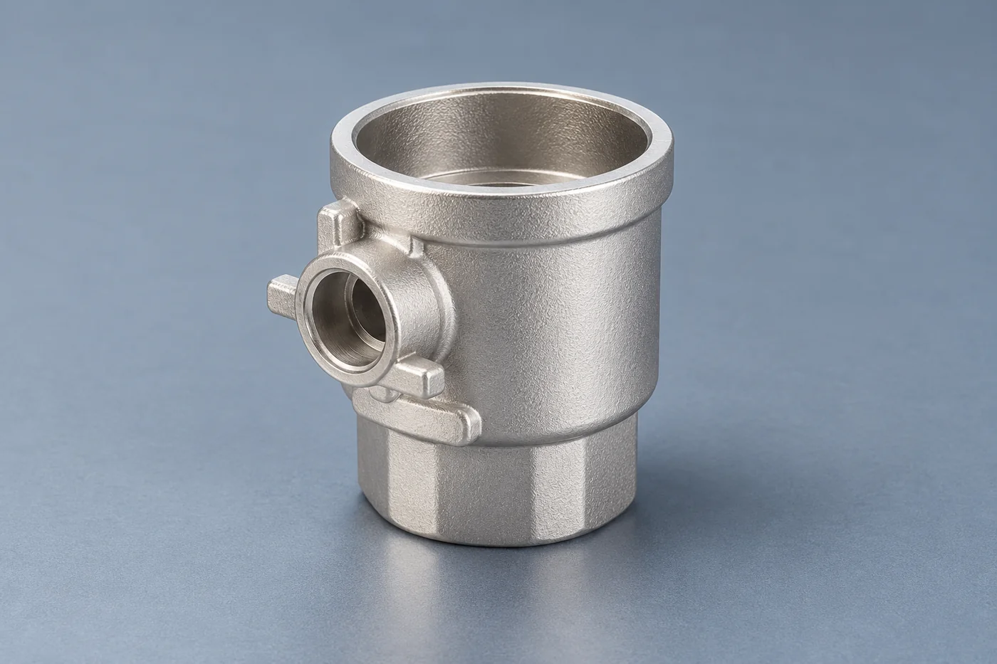Short polished stainless coupling-like body with a round opening