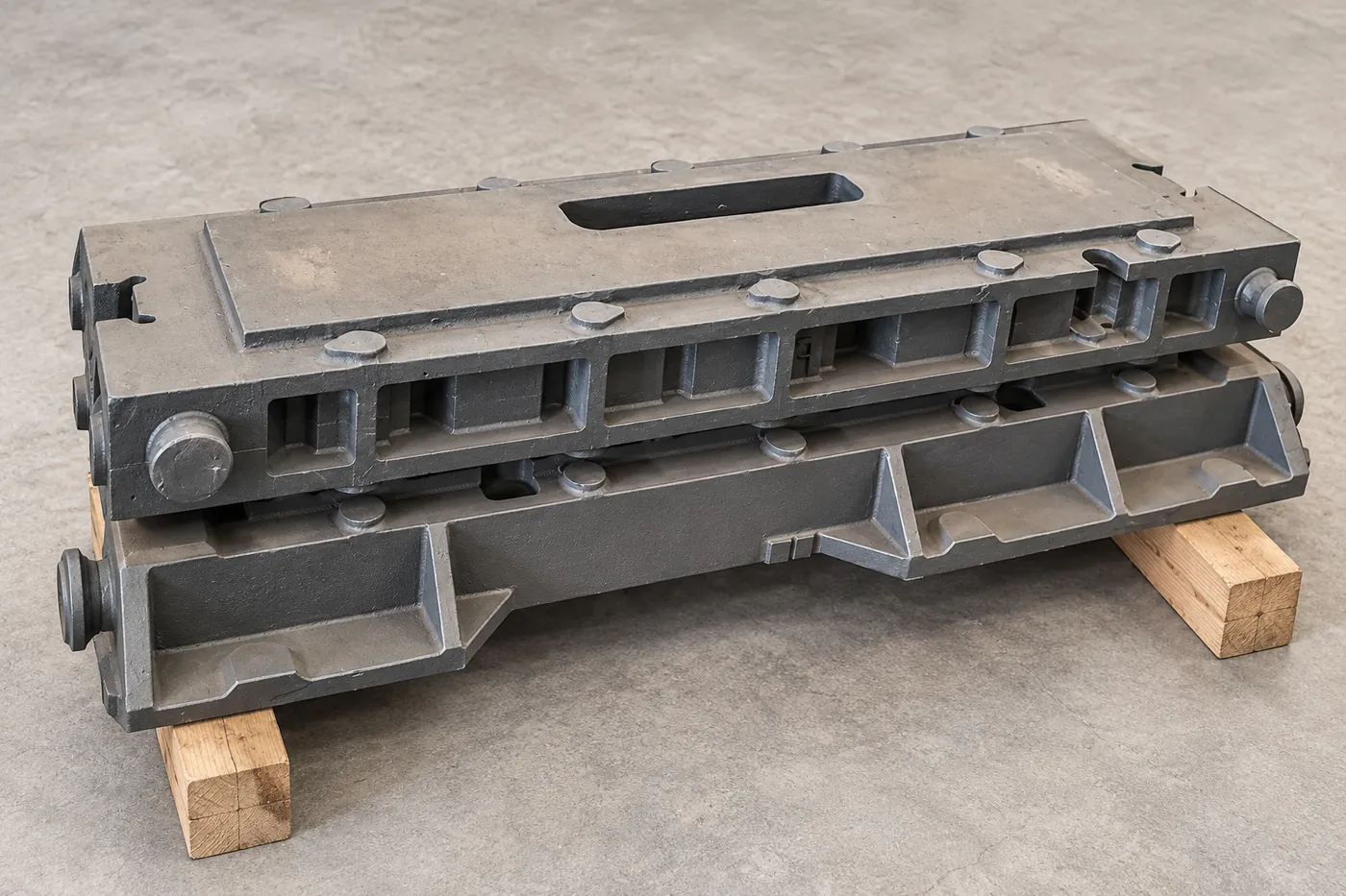 Long machine-bed casting resting on plain wooden supports
