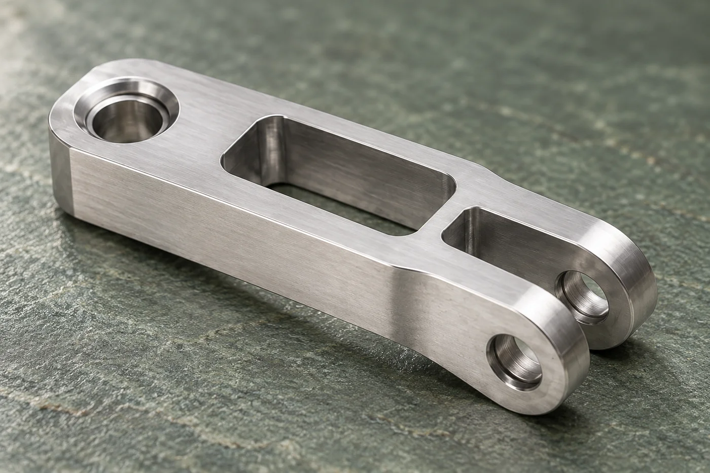 Close view of a metal linkage sample and its mating opening