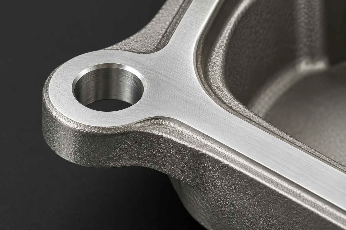 Close view of a flange mounting ear, bolt hole and flat interface