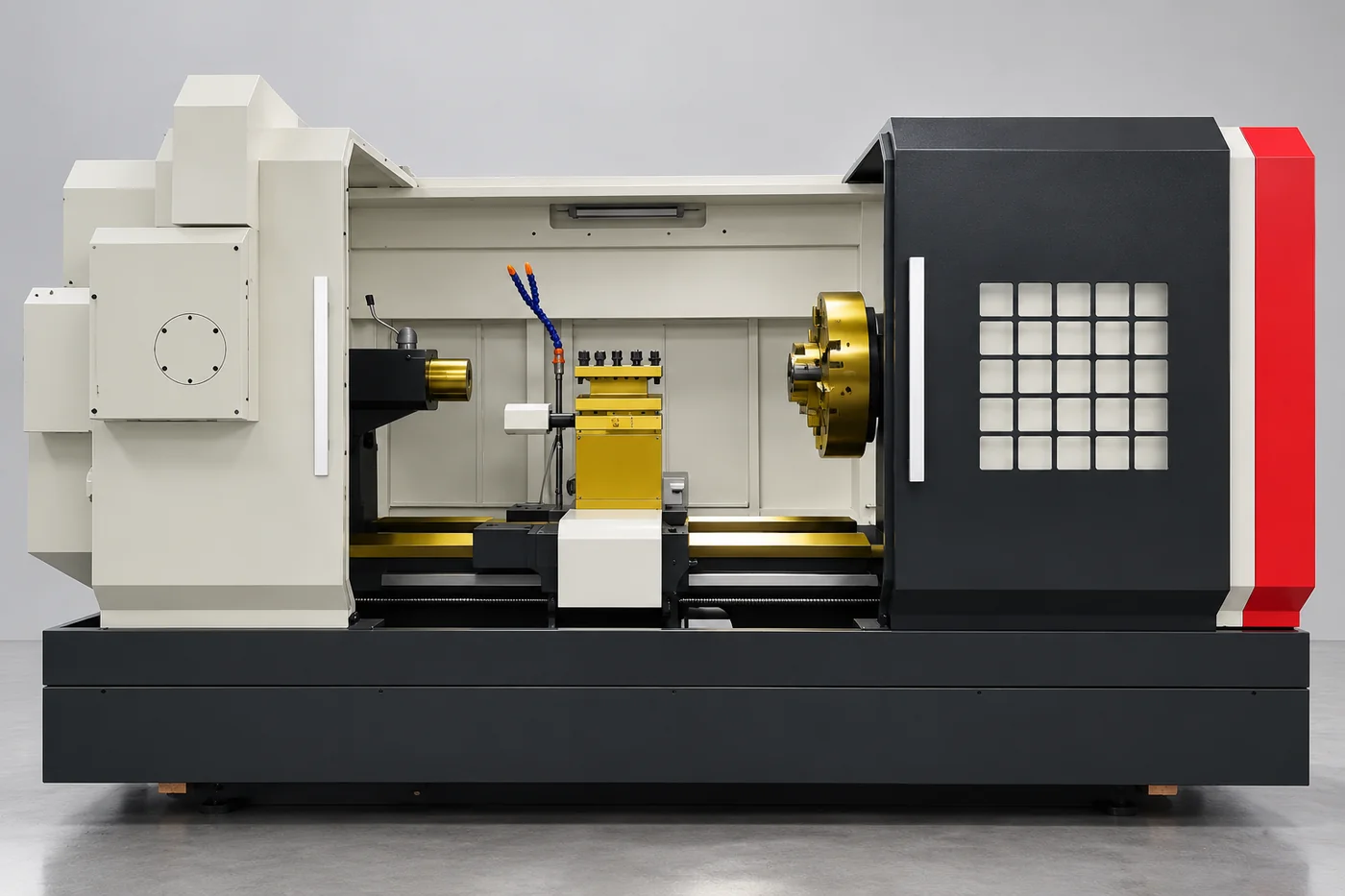 Complete horizontal CNC lathe viewed from the opposite end