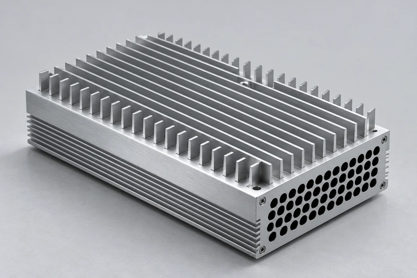 Rectangular metal heat-sink reference with straight fins and a perforated side