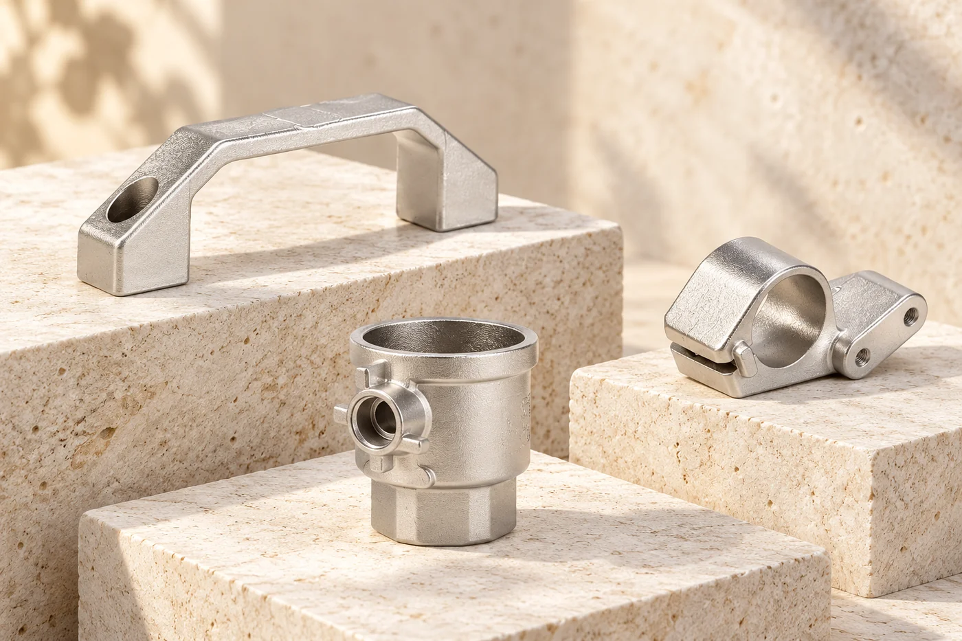 Polished stainless handle and coupling-component references on separate blocks