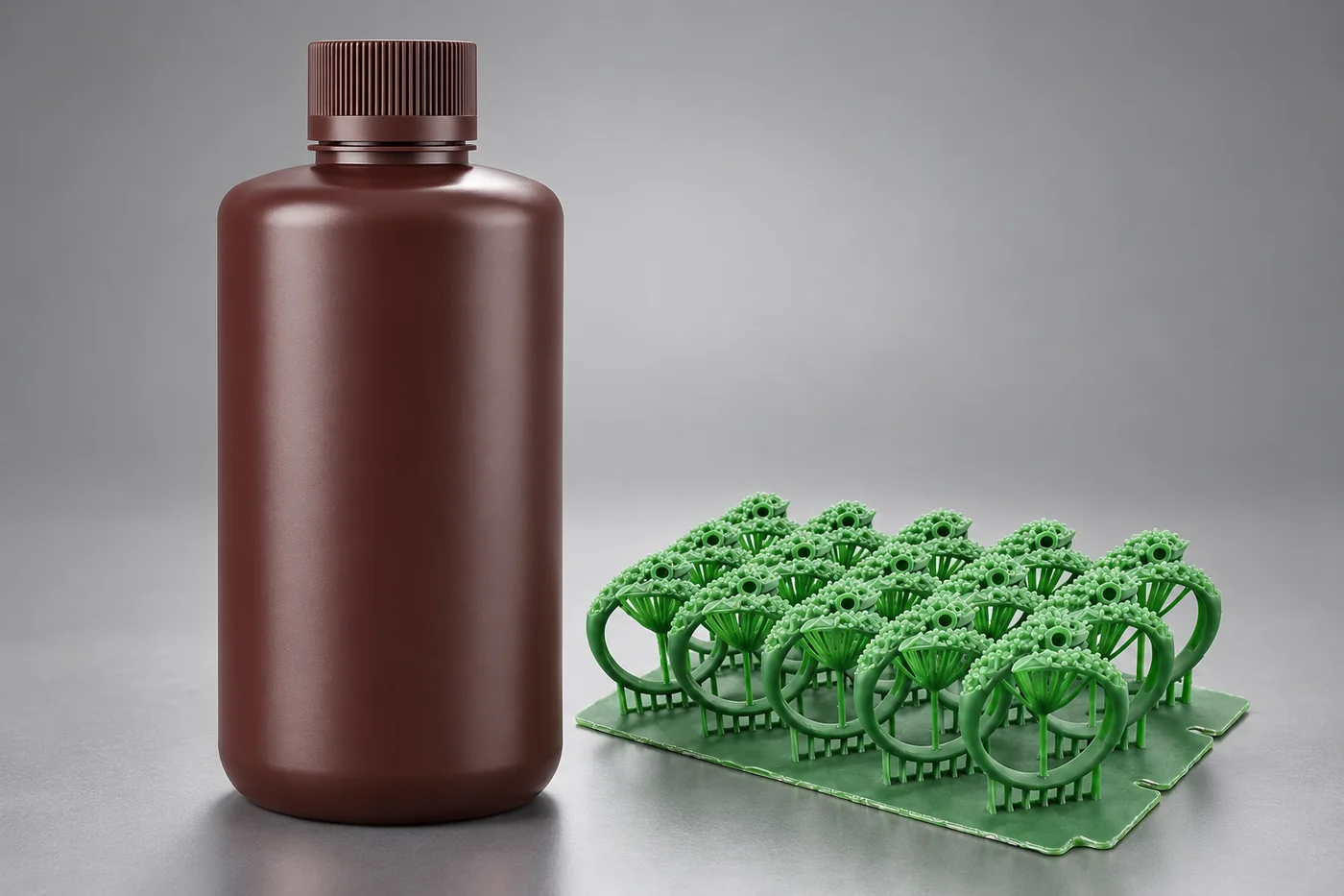 Unlabelled castable-resin bottle beside green jewelry pattern examples