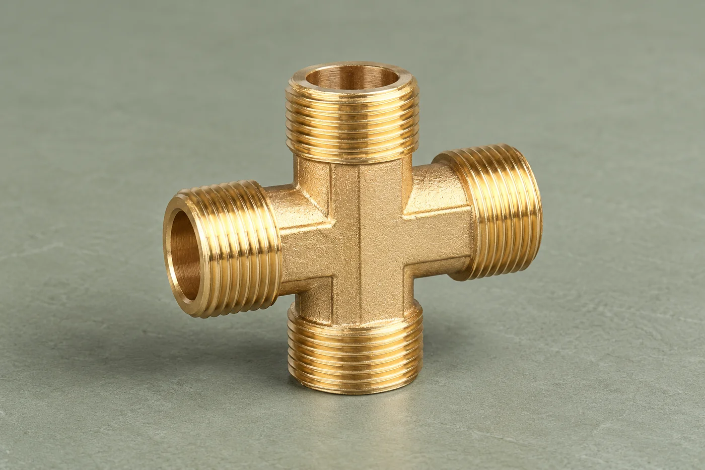 Complete four-way brass cross showing all threaded branches