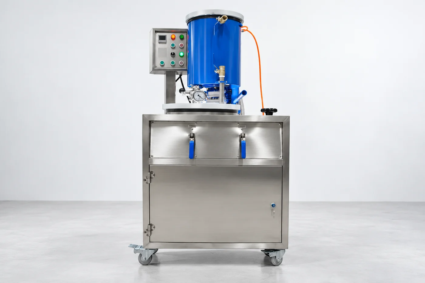 Large blue-and-stainless vacuum-mixer reference with its chamber and support body