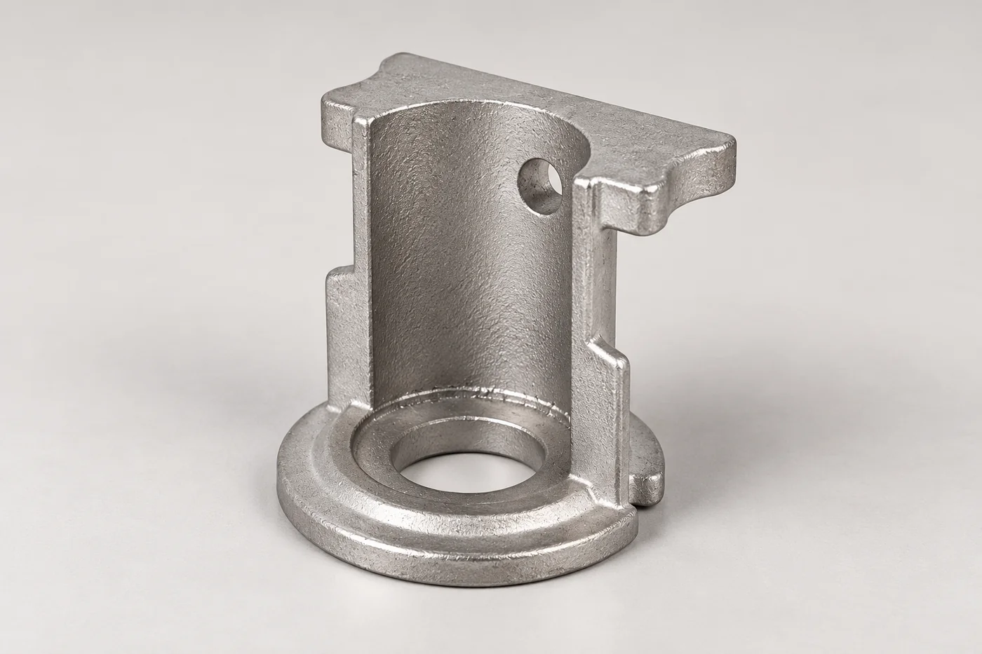 Stainless mounting-accessory reference with a circular base and upright wall