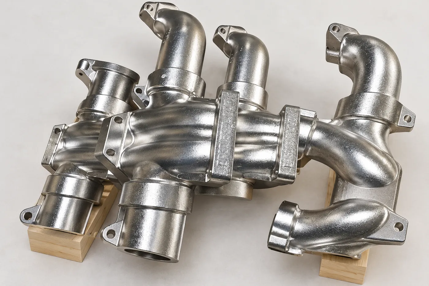 Cast manifold-style pipe reference resting in plain protective supports