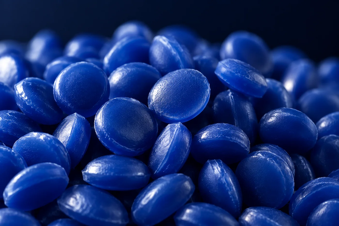 Macro detail of the blue injection-wax pellet surfaces