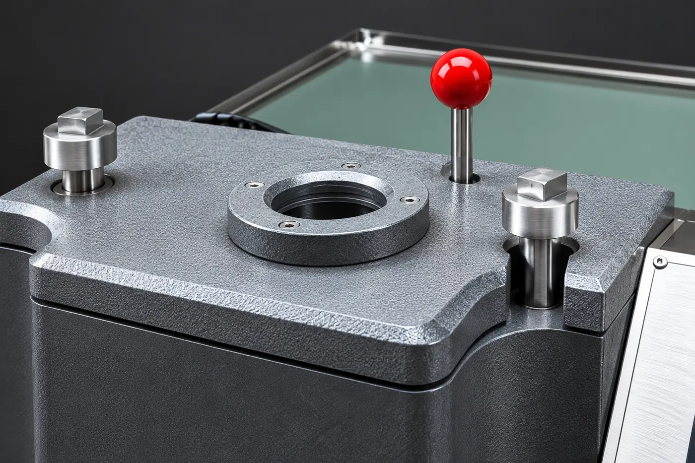 Close detail of the casting-machine chamber rim and handle