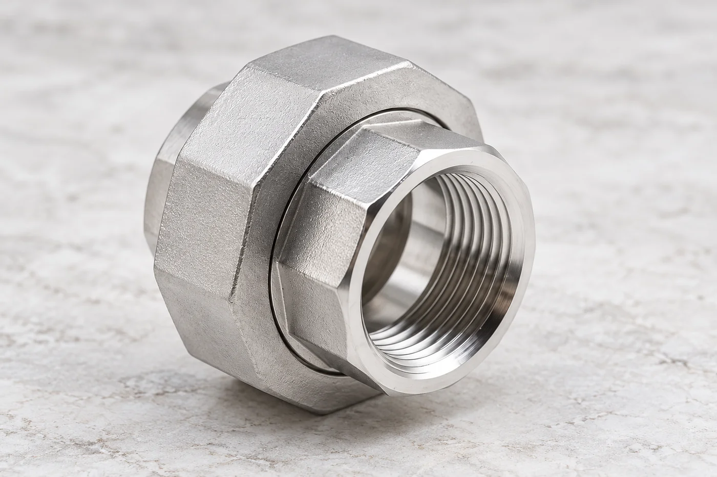 Close view of a stainless threaded union with its internal thread visible