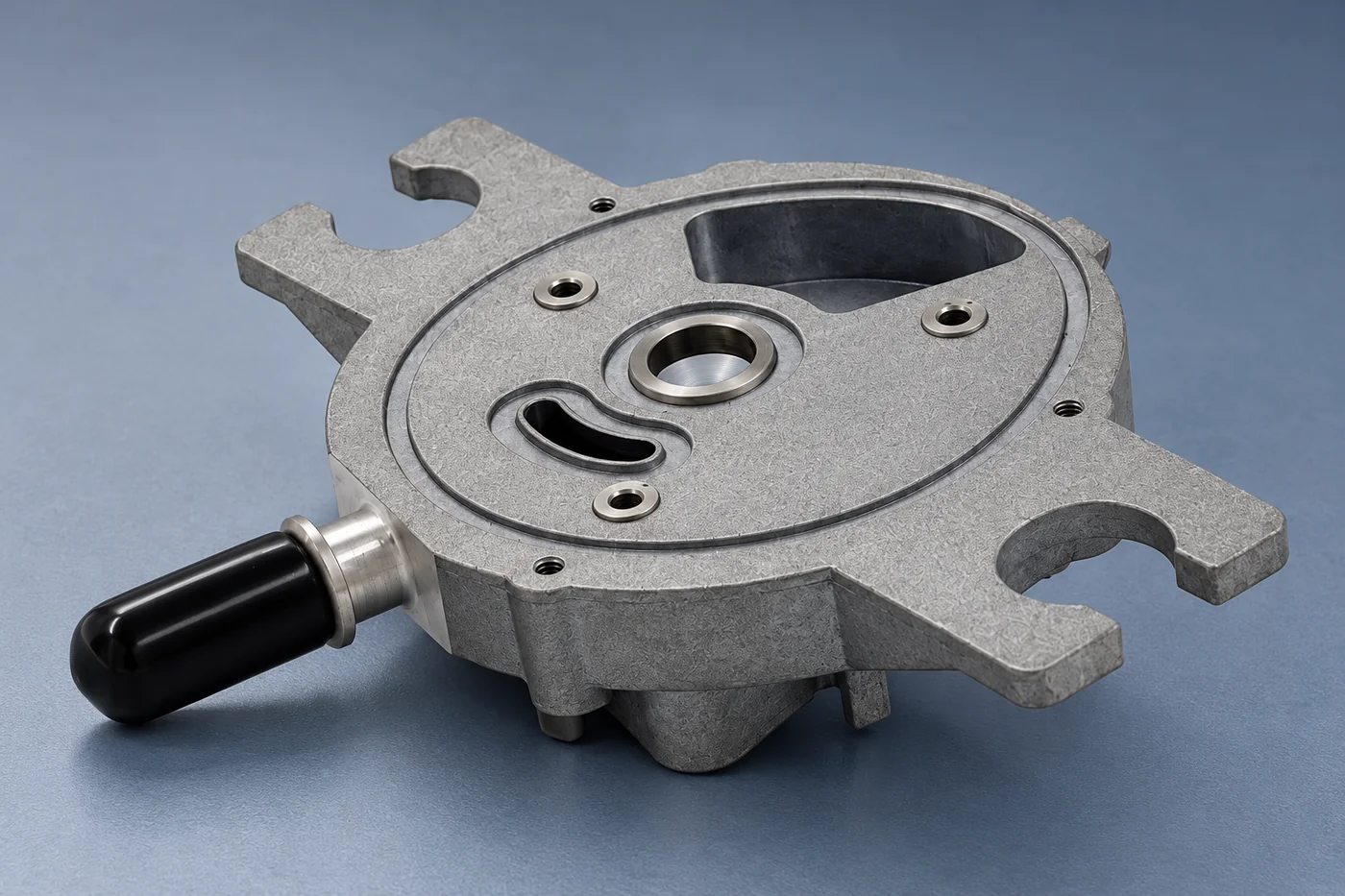 Cast gearbox cover with a machined central pocket and mounting holes