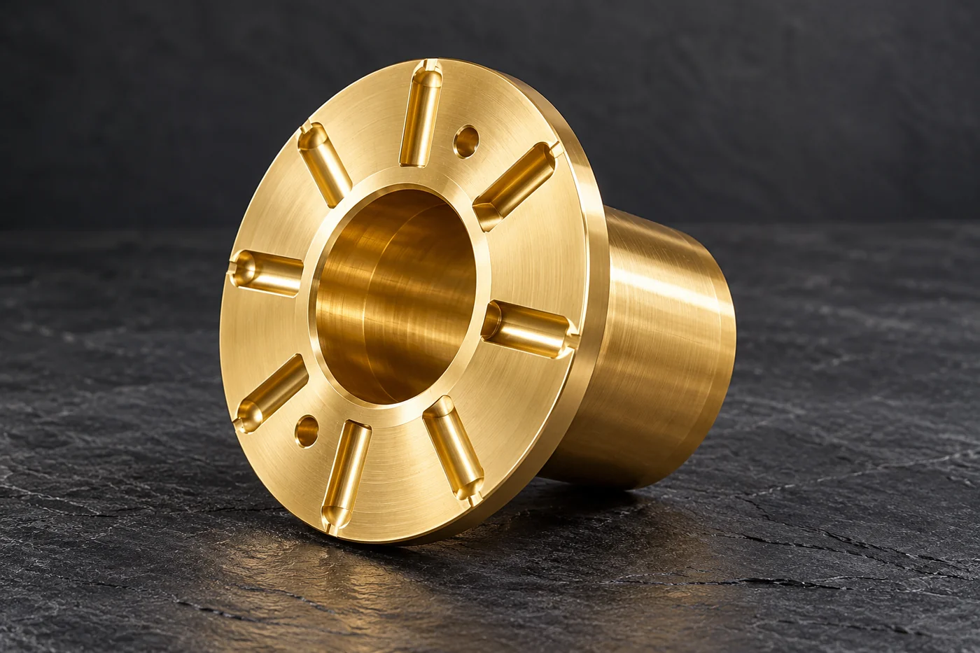Machined bronze flanged sleeve with visible open bore and flange holes