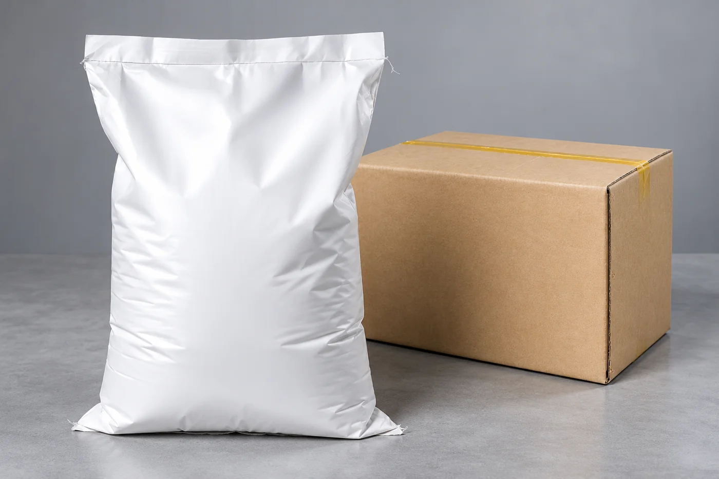 Plain white investment-material bag and unmarked outer box