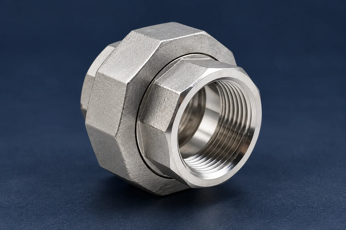Stainless union fitting showing threaded connection geometry