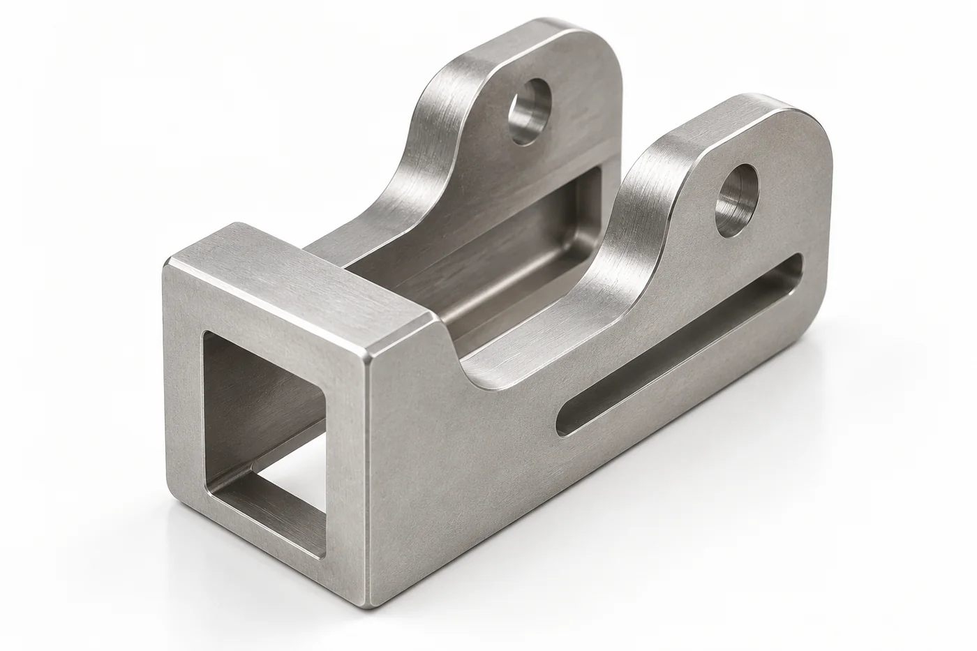 Stainless clevis-style bracket with aligned pivot holes