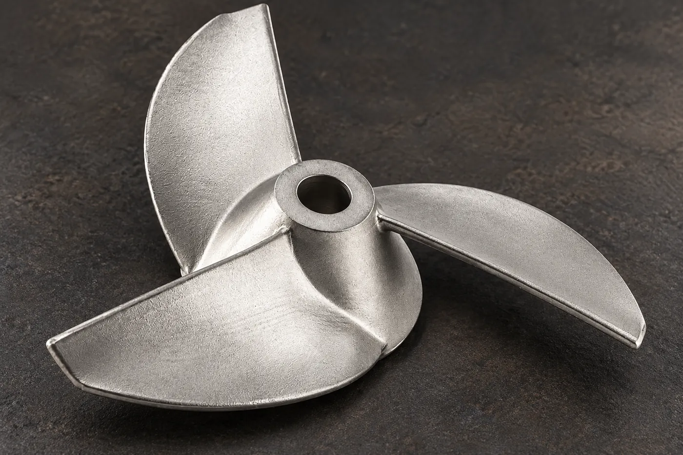 Three-blade stainless impeller with its hub depth visible