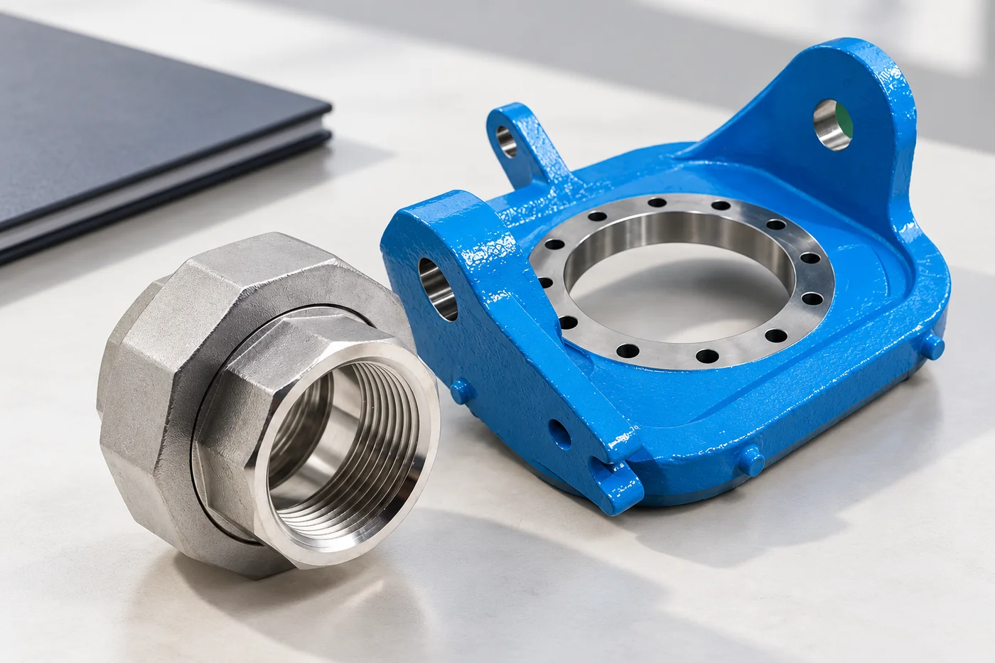 Stainless union and blue aluminium bracket presented as enquiry references