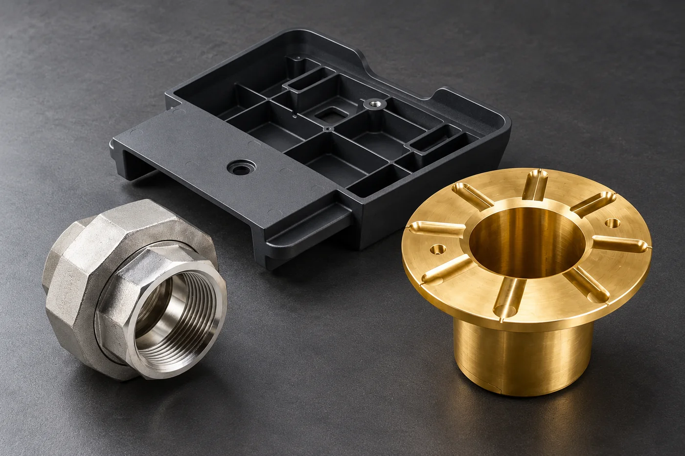 Stainless union, aluminium enclosure and bronze sleeve arranged as material references