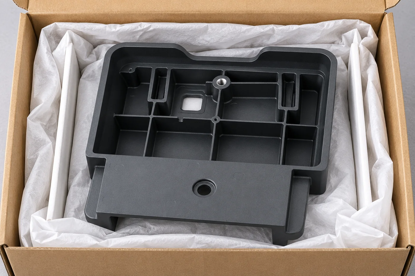 Aluminium enclosure protected inside an unmarked sample tray
