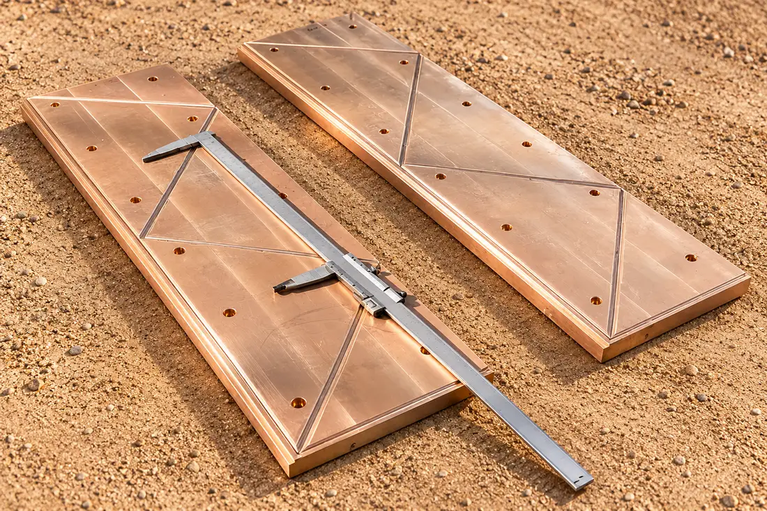 Two brass sliding-plate references with distinct machined channels